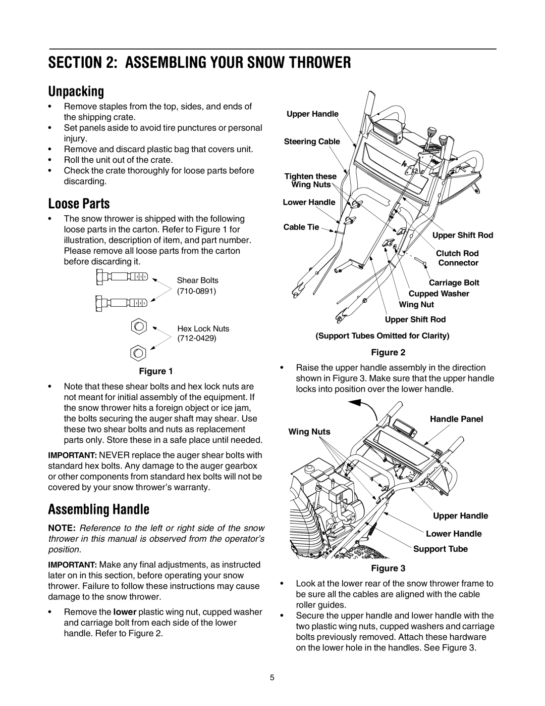 Cub Cadet 1345 SWE manual Assembling Your Snow Thrower, Unpacking, Loose Parts, Assembling Handle 