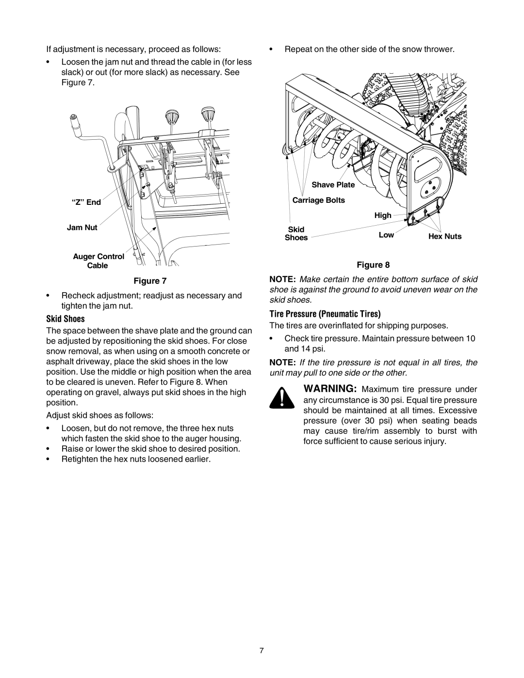 Cub Cadet 1345 SWE manual Skid Shoes, Tire Pressure Pneumatic Tires 