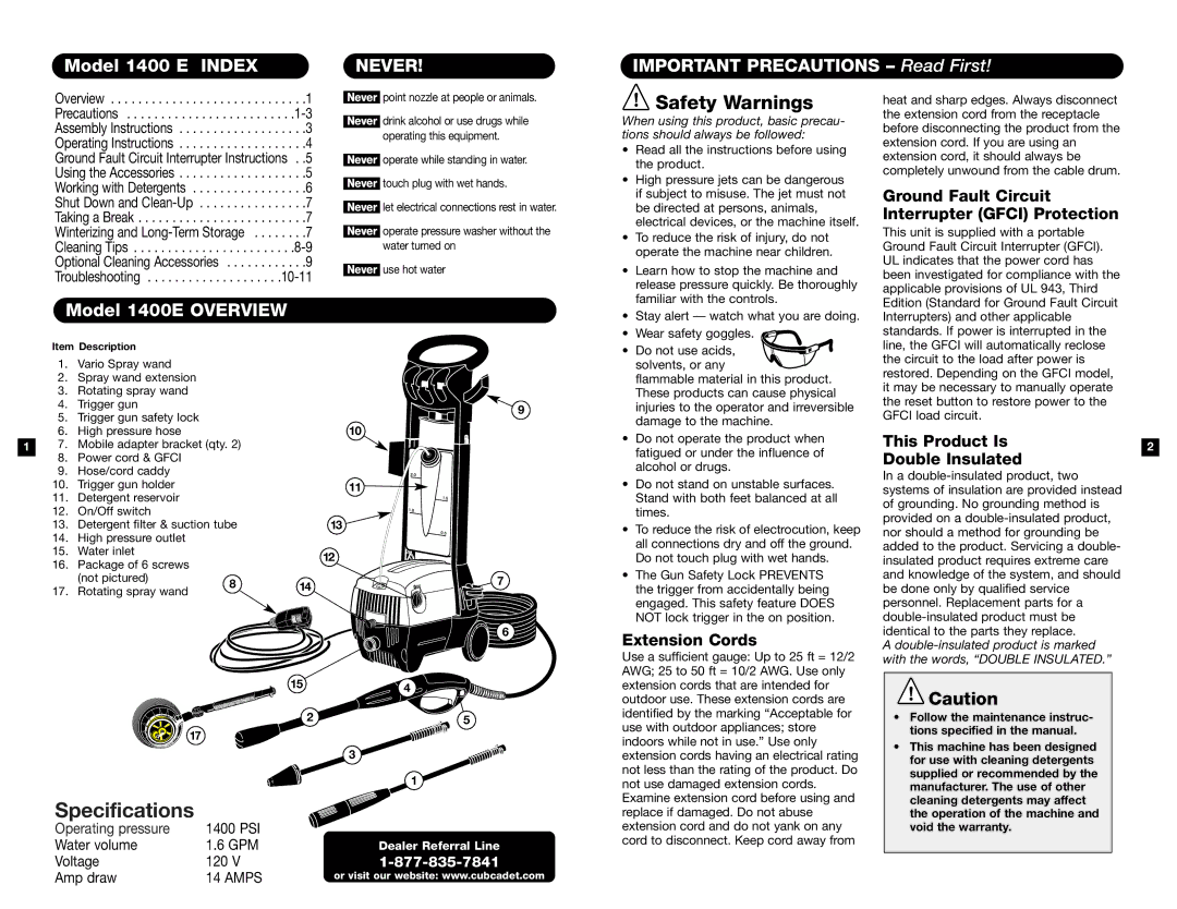 Cub Cadet manual Model 1400 E Index, Never, Important Precautions Read First, Model 1400E Overview, This Product Is 