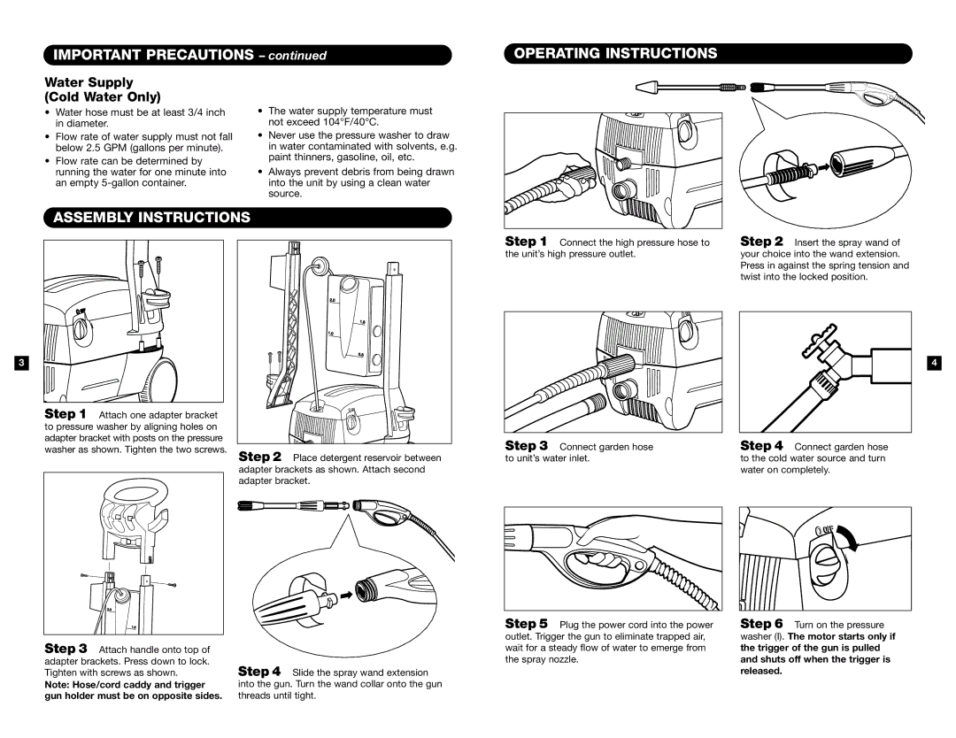 Cub Cadet 1400E manual Important Precautions, Operating Instructions, Assembly Instructions, Water Supply Cold Water Only 