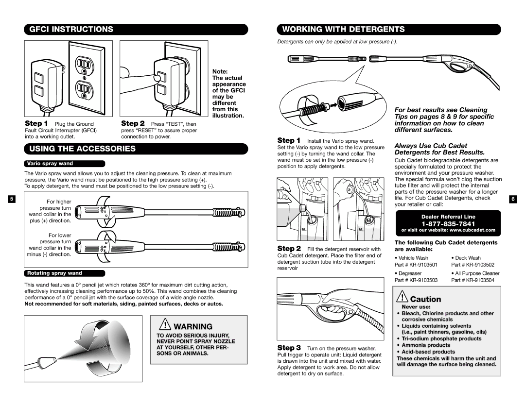 Cub Cadet 1400E Gfci Instructions Working with Detergents, Using the Accessories, Vario spray wand, Rotating spray wand 