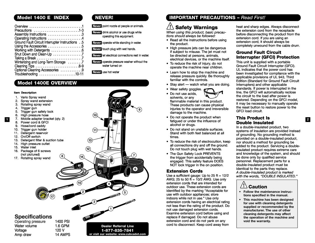 Cub Cadet Model 1400 E INDEX, Never, IMPORTANT PRECAUTIONS - Read First, Model 1400E OVERVIEW, Extension Cords, 1.6 GPM 