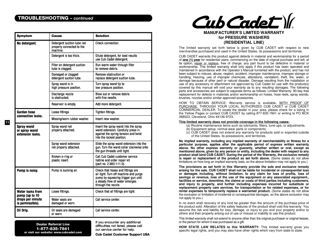 Cub Cadet 1400E manual TROUBLESHOOTING - continued, Manufacturer’S Limited Warranty, for PRESSURE WASHERS RESIDENTIAL LINE 