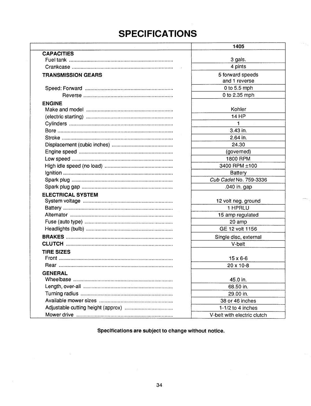 Cub Cadet 1405 manual 