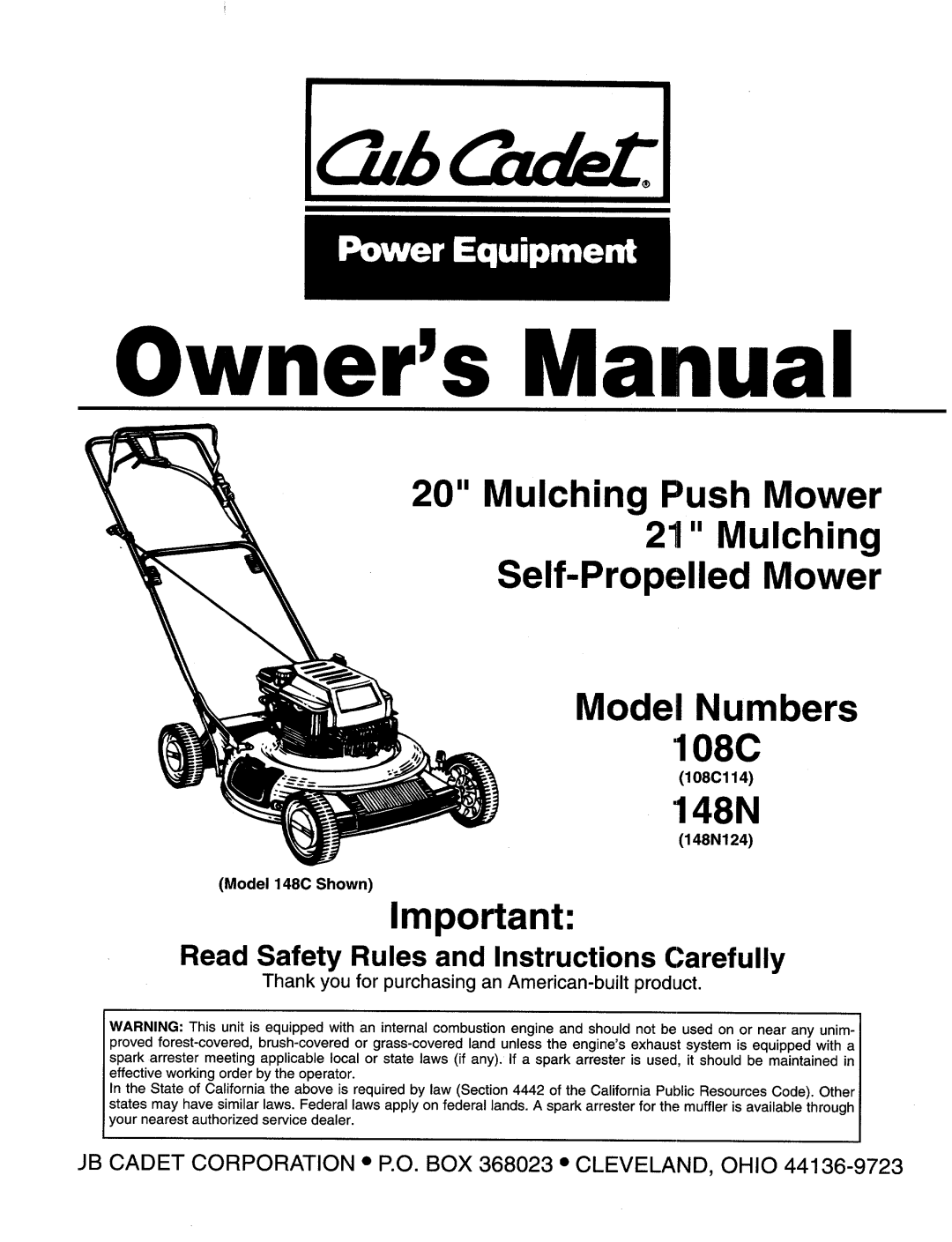 Cub Cadet 108C, 148N manual 