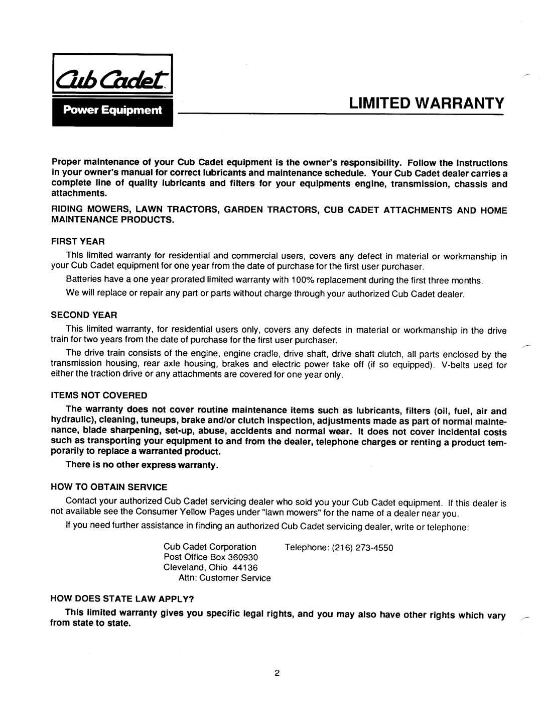 Cub Cadet 1782 manual 