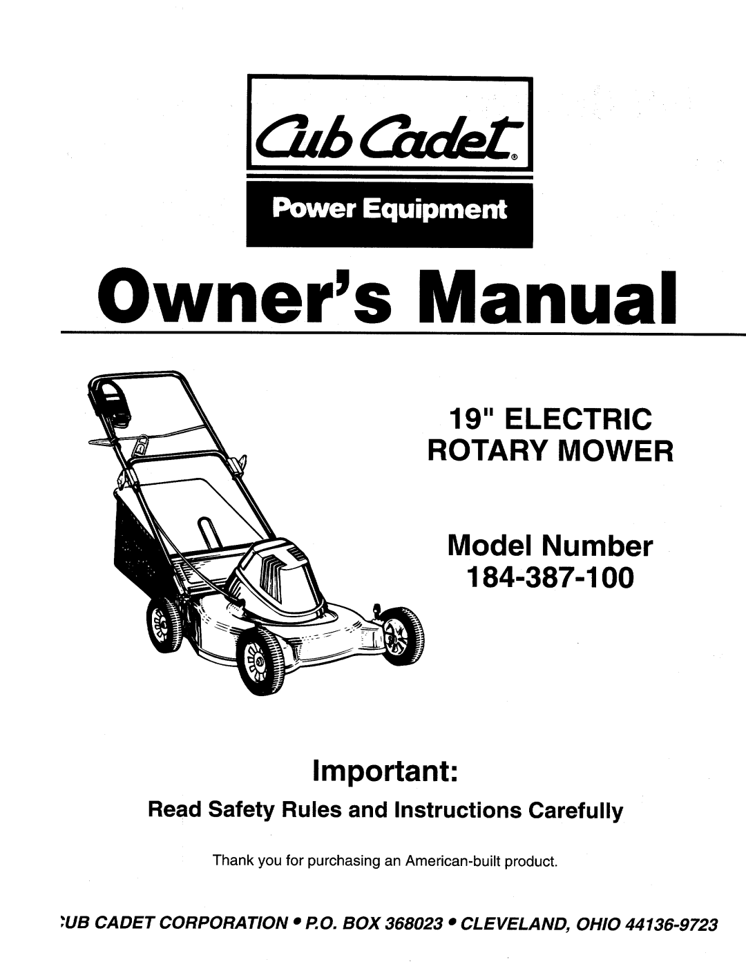 Cub Cadet 184-387-100 manual 