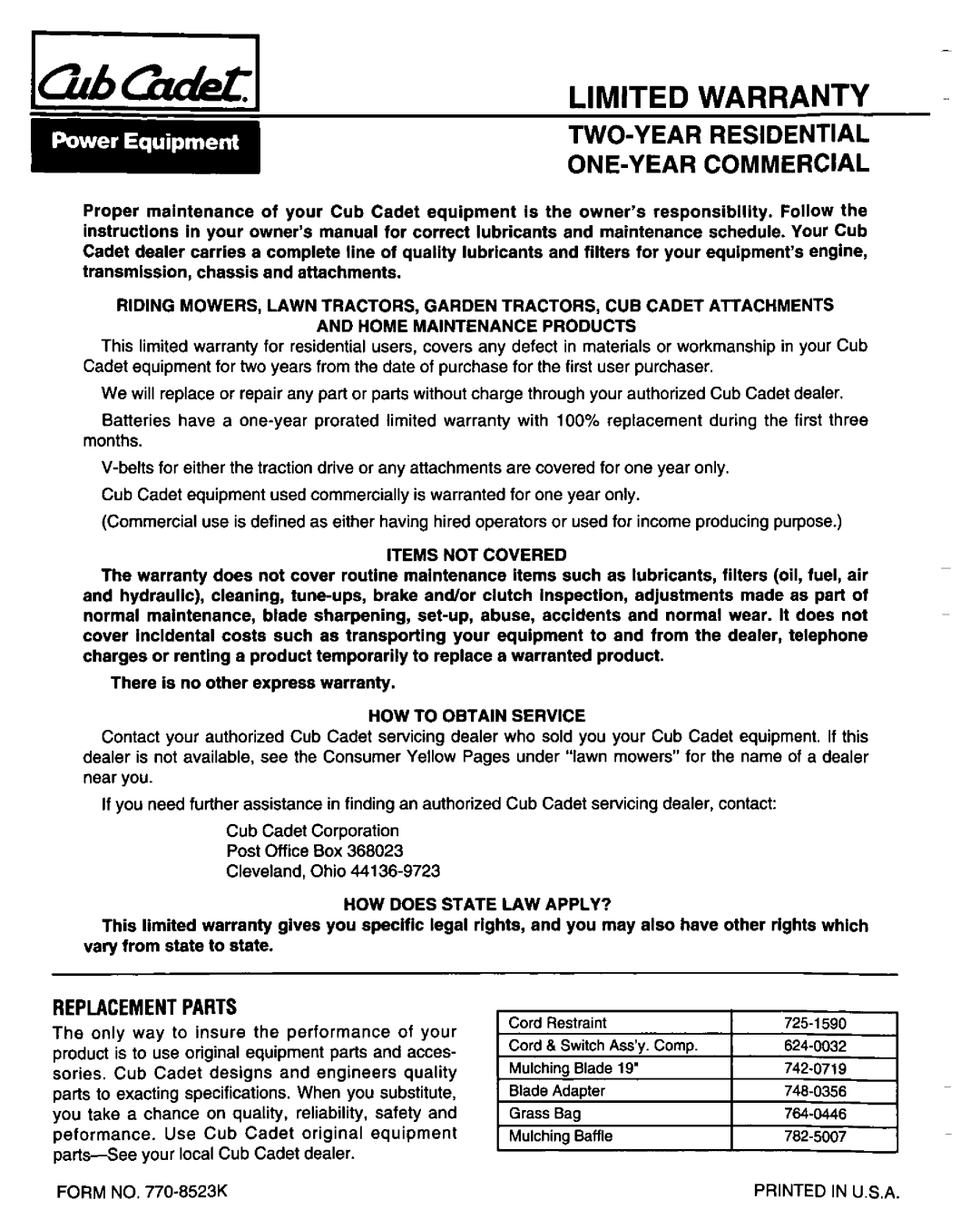 Cub Cadet 185-387-100 manual 