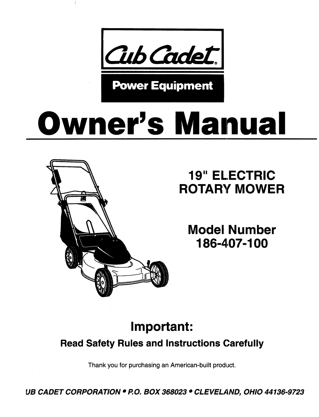 Cub Cadet 186-407-100 manual 