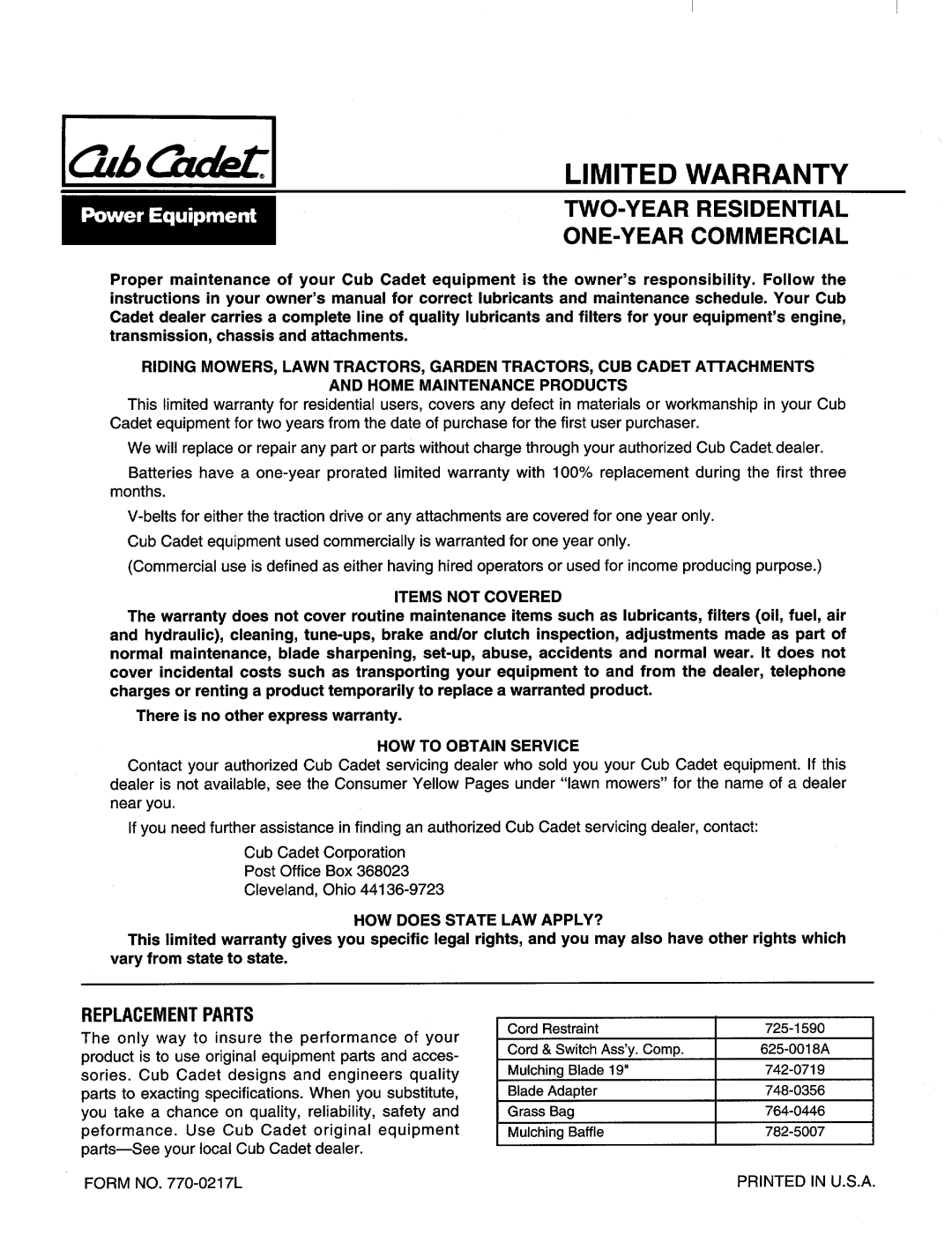 Cub Cadet 186-407-100 manual 