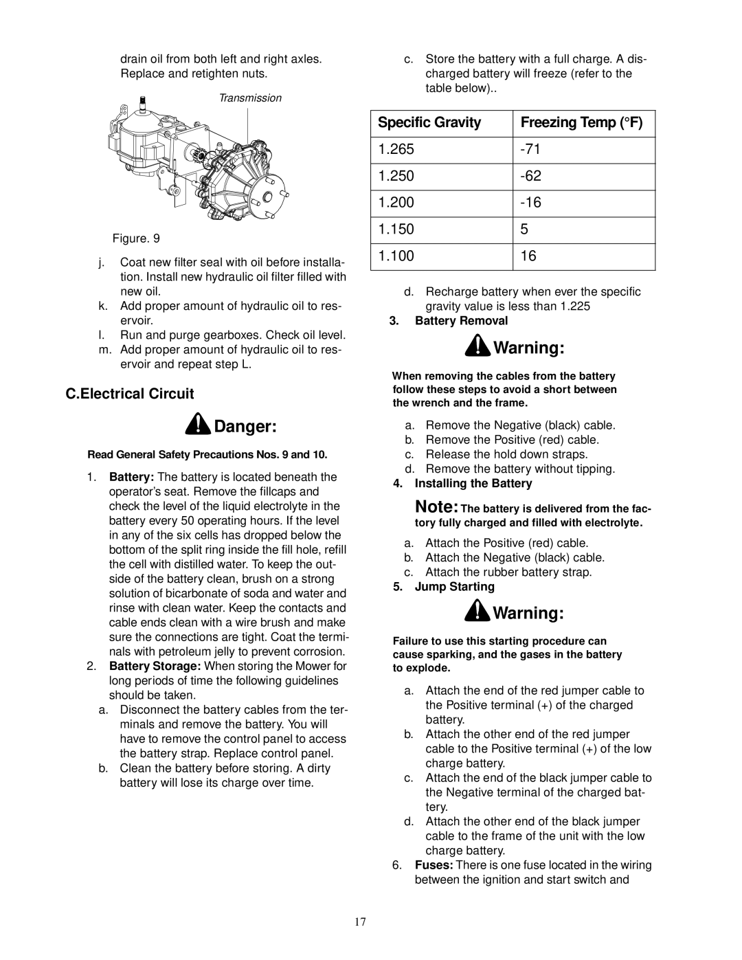 Cub Cadet 18HP service manual Electrical Circuit, Specific Gravity Freezing Temp F, Battery Removal, Installing the Battery 