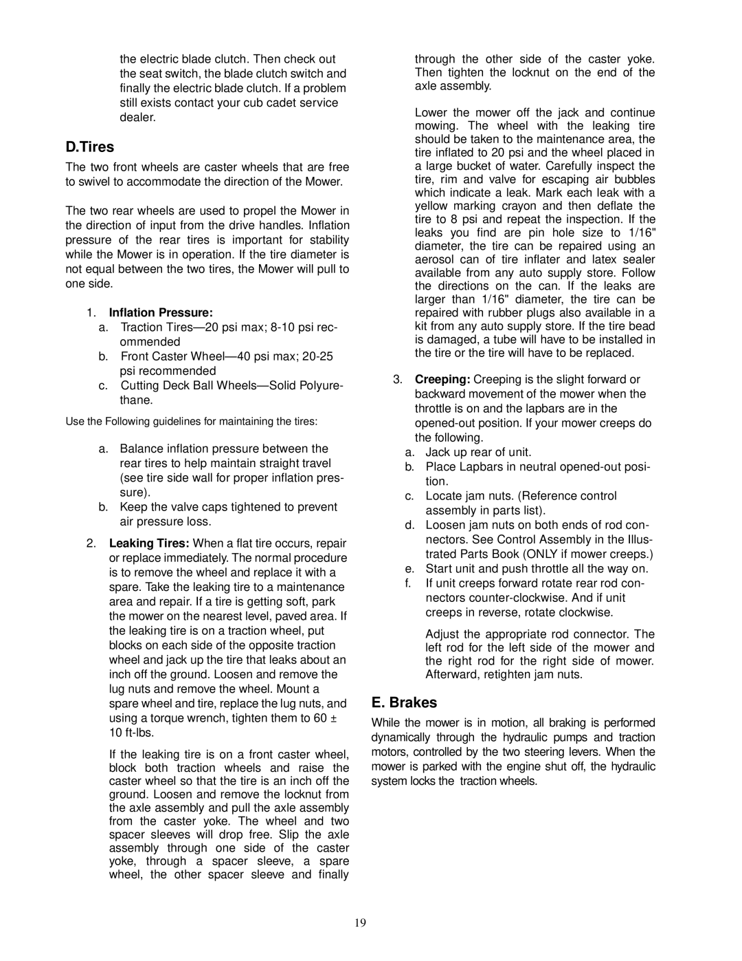 Cub Cadet 18HP service manual Tires, Brakes, Inflation Pressure 