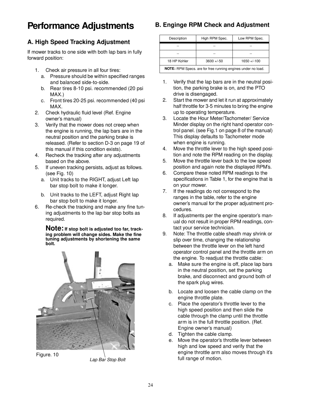 Cub Cadet 18HP service manual High Speed Tracking Adjustment, Enginge RPM Check and Adjustment 