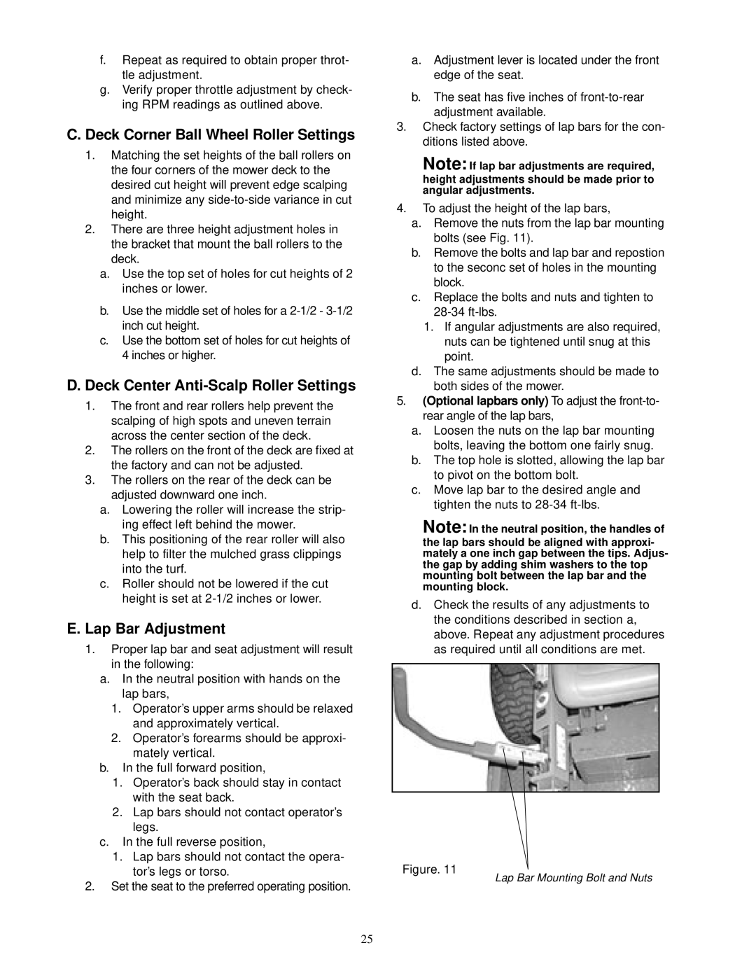 Cub Cadet 18HP Deck Corner Ball Wheel Roller Settings, Deck Center Anti-Scalp Roller Settings, Lap Bar Adjustment 