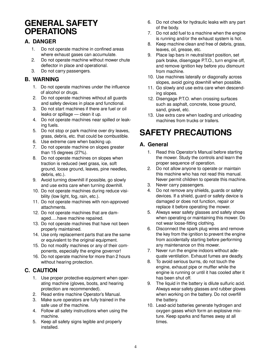 Cub Cadet 18HP service manual General Safety Operations, Safety Precautions 