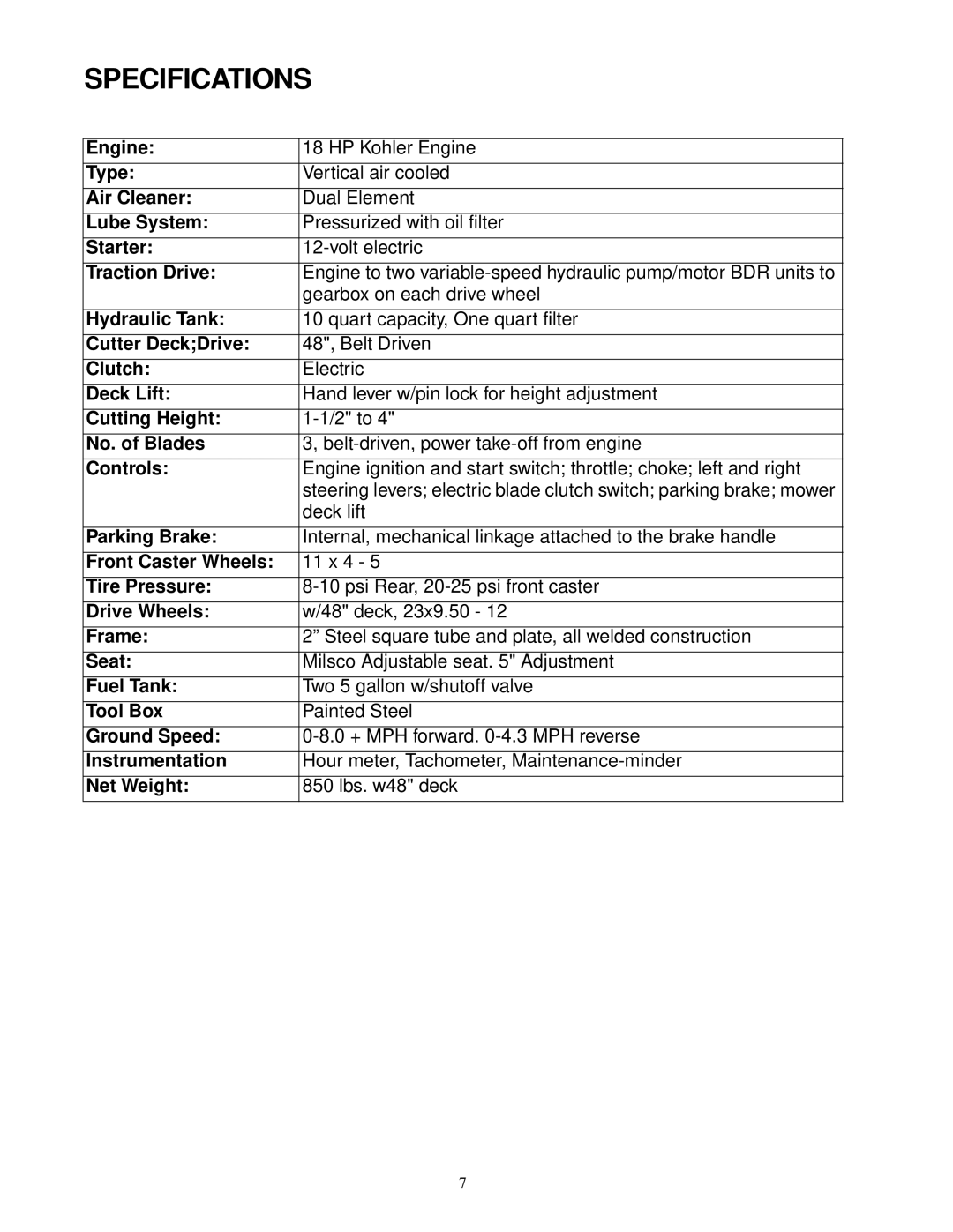 Cub Cadet 18HP service manual Specifications 