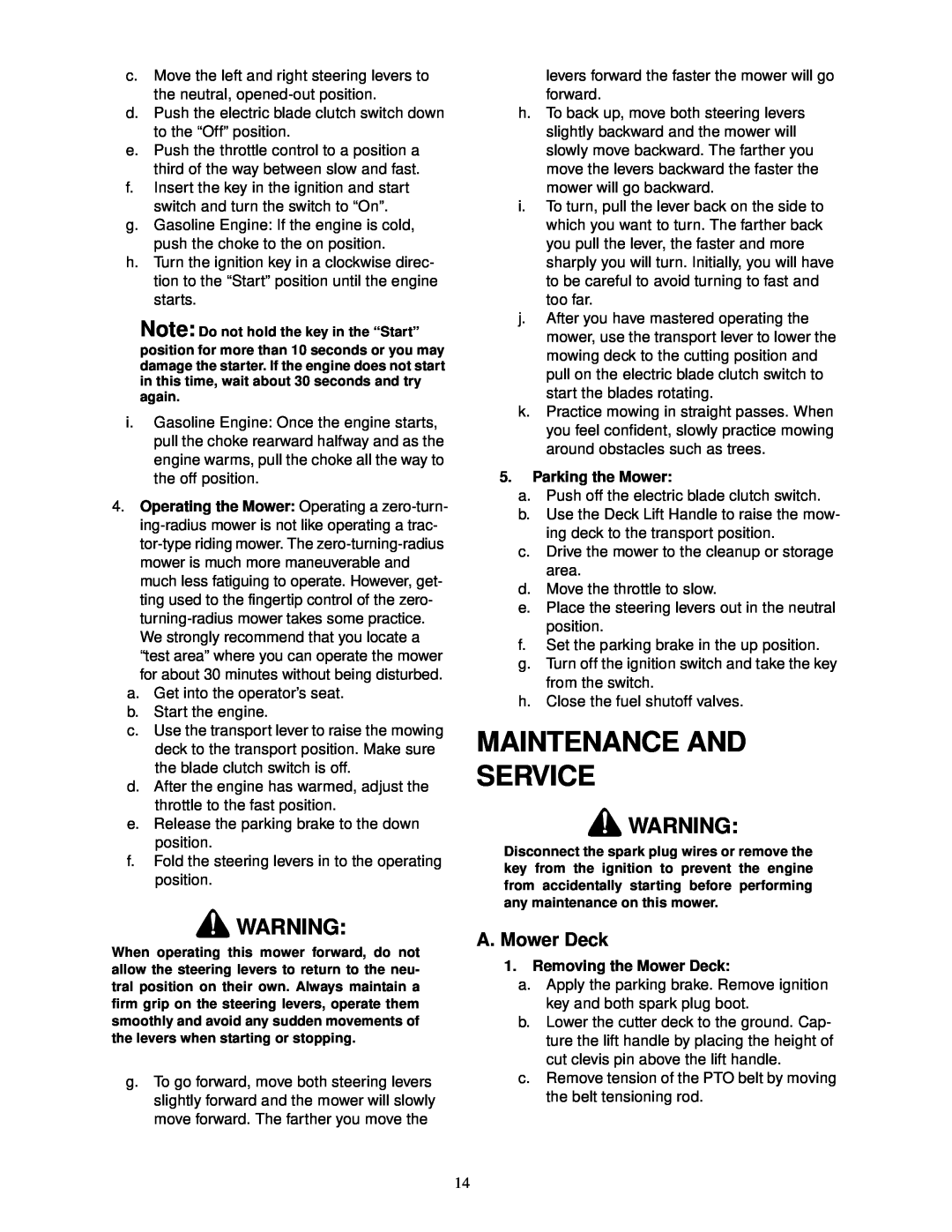 Cub Cadet 18HP service manual Maintenance And Service, A. Mower Deck, Parking the Mower, Removing the Mower Deck 