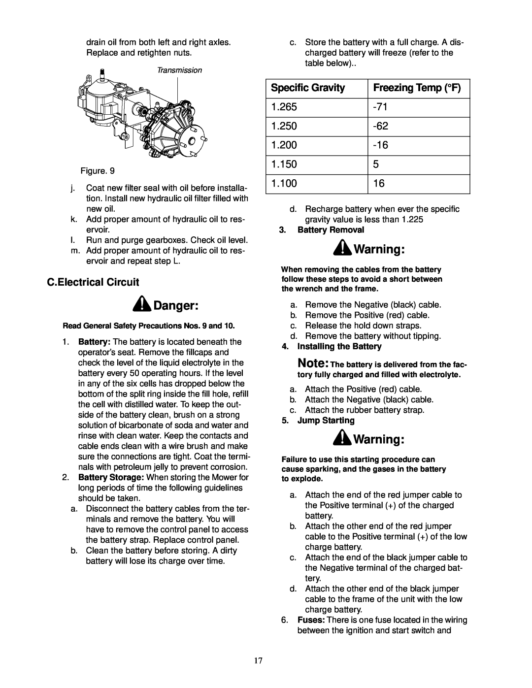 Cub Cadet 18HP service manual Danger, C.Electrical Circuit, Specific Gravity, Freezing Temp F 