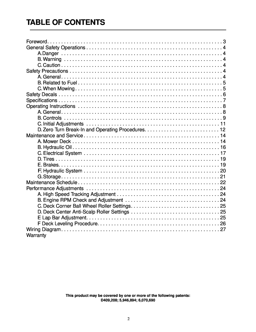 Cub Cadet 18HP service manual Table Of Contents, D409,208 5,946,894 6,070,690 