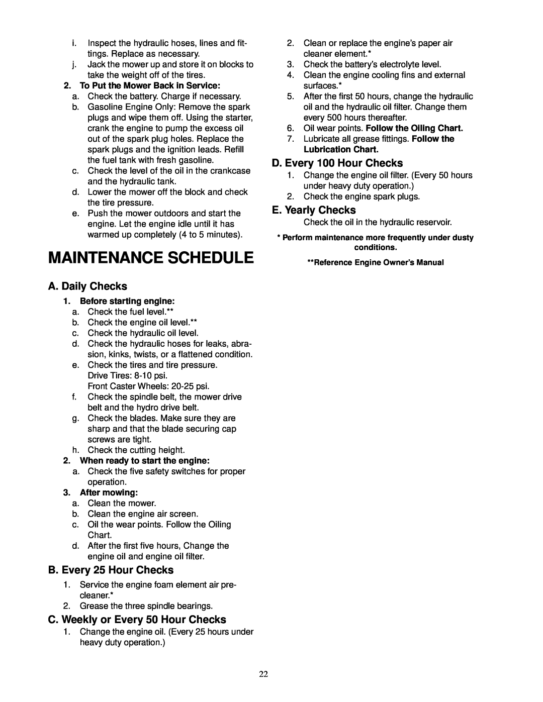 Cub Cadet 18HP Maintenance Schedule, A. Daily Checks, B.Every 25 Hour Checks, C.Weekly or Every 50 Hour Checks 