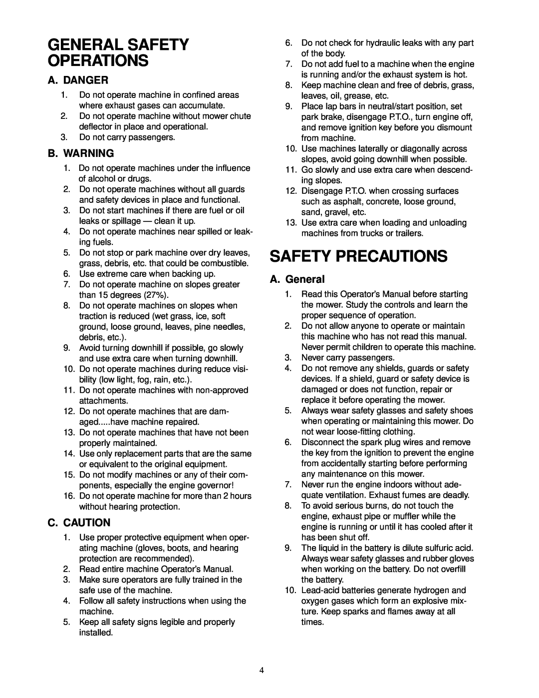 Cub Cadet 18HP service manual General Safety Operations, Safety Precautions, A.Danger, B.Warning, C.Caution, A.General 