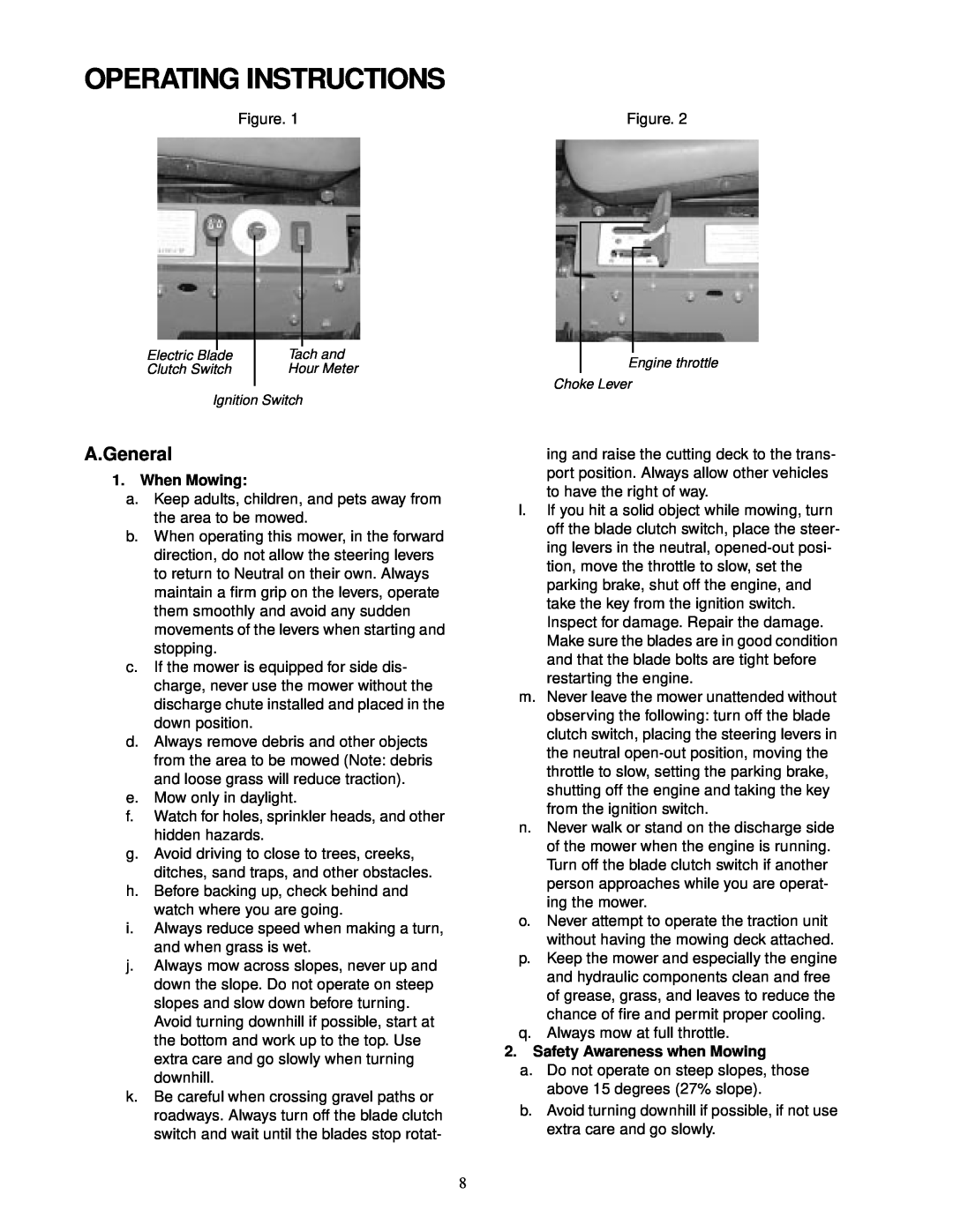 Cub Cadet 18HP service manual Operating Instructions, A.General, When Mowing, Safety Awareness when Mowing 