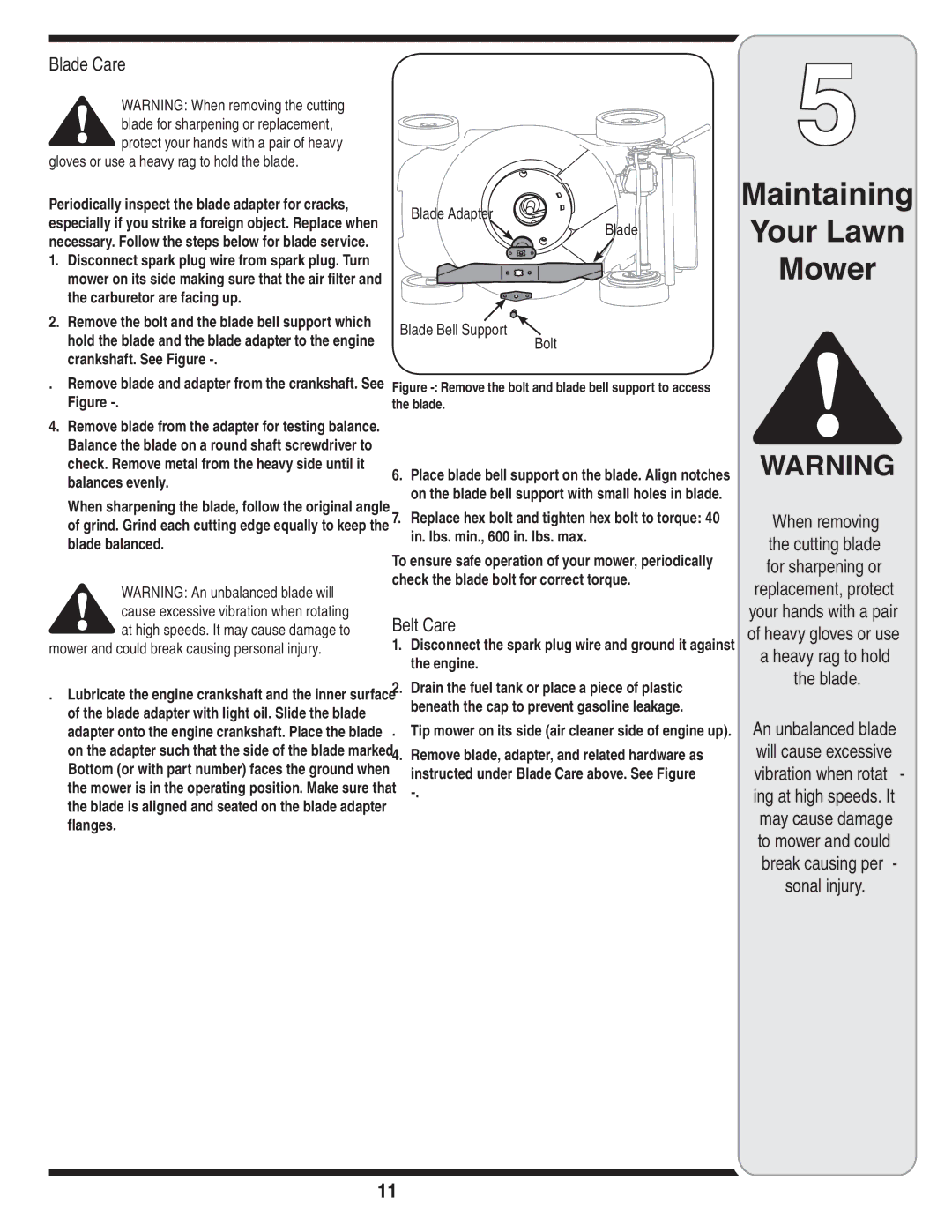 Cub Cadet 18M warranty Blade Care, Belt Care, Sonal injury 