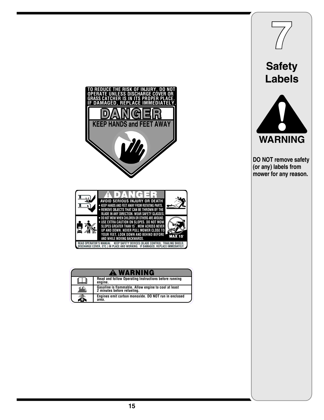 Cub Cadet 18M warranty Safety Labels, Do not remove safety or any labels from mower for any reason 