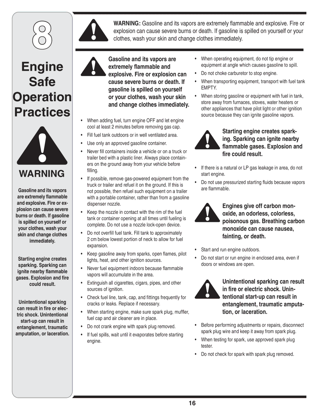 Cub Cadet 18M warranty Cm below lowest portion of neck to allow for fuel expansion, Do not choke carburetor to stop engine 