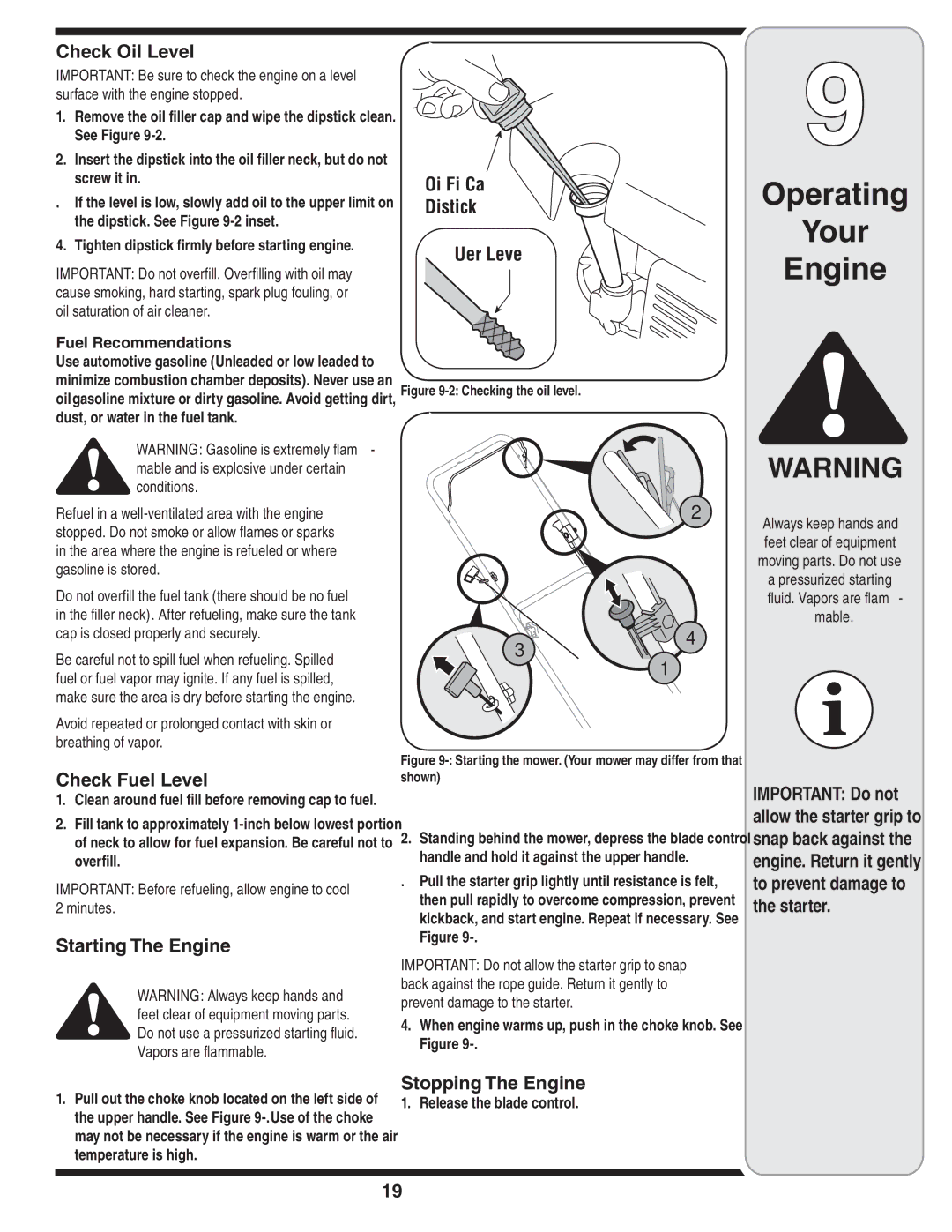 Cub Cadet 18M warranty Check Oil Level, Check Fuel Level, Starting The Engine, Stopping The Engine 