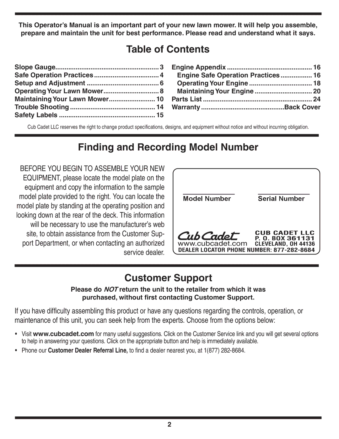 Cub Cadet 18M warranty Table of Contents, Finding and Recording Model Number, Customer Support 