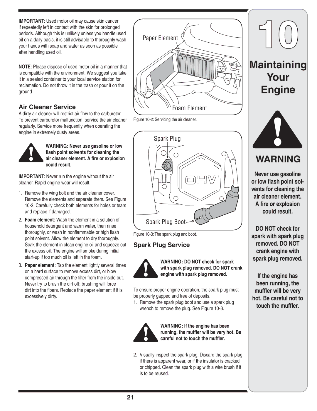 Cub Cadet 18M warranty Maintaining Your Engine, Air Cleaner Service, Spark Plug Service, Never use gasoline 