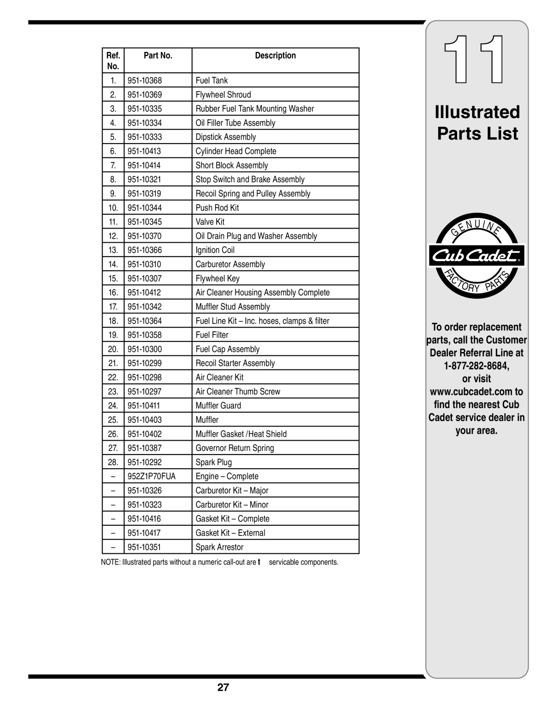 Cub Cadet 18M warranty Illustrated Parts List 