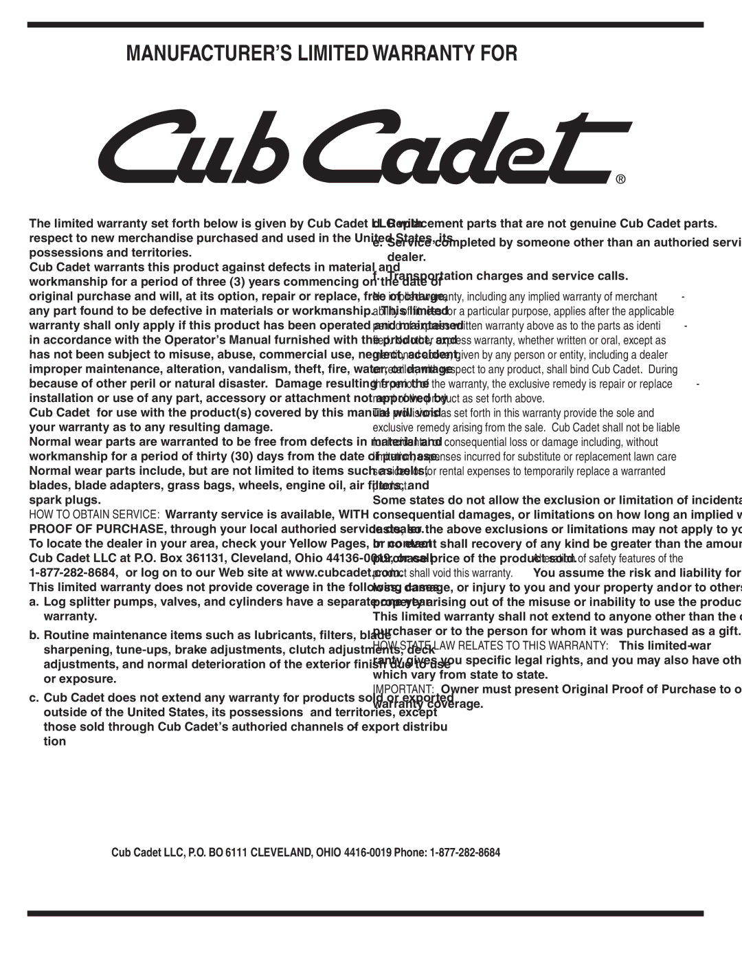 Cub Cadet 18M warranty MANUFACTURER’S Limited Warranty for 