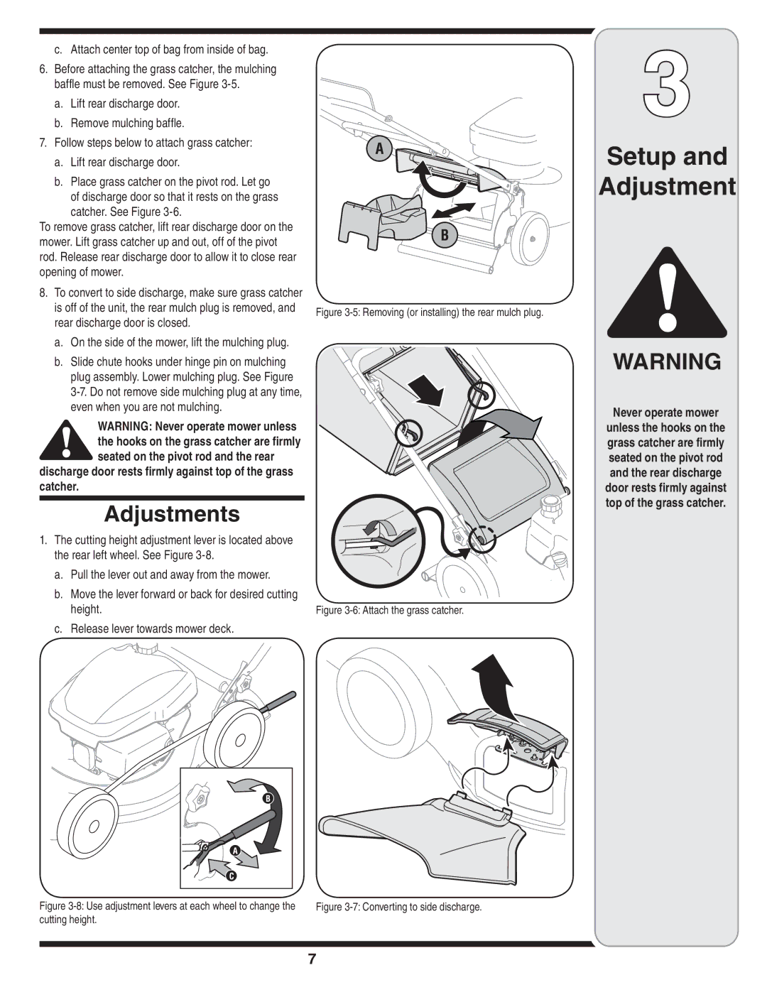 Cub Cadet 18M warranty Setup Adjustment, Adjustments, Attach center top of bag from inside of bag, Never operate mower 