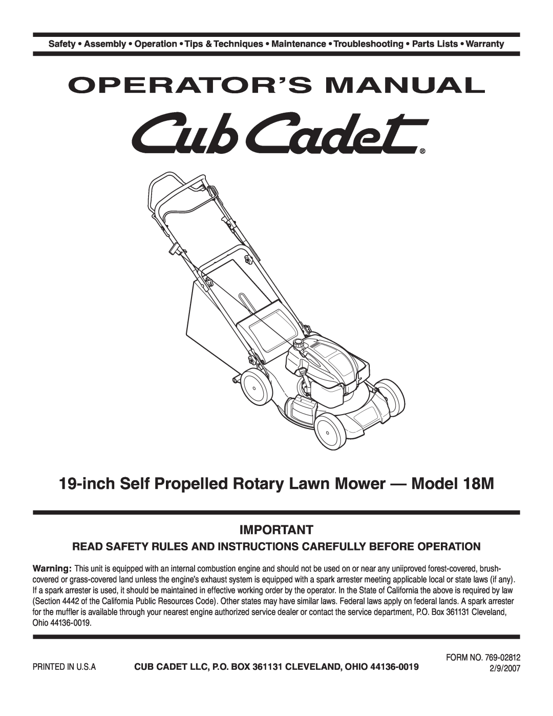 Cub Cadet warranty Operator’S Manual, inch Self Propelled Rotary Lawn Mower - Model 18M 