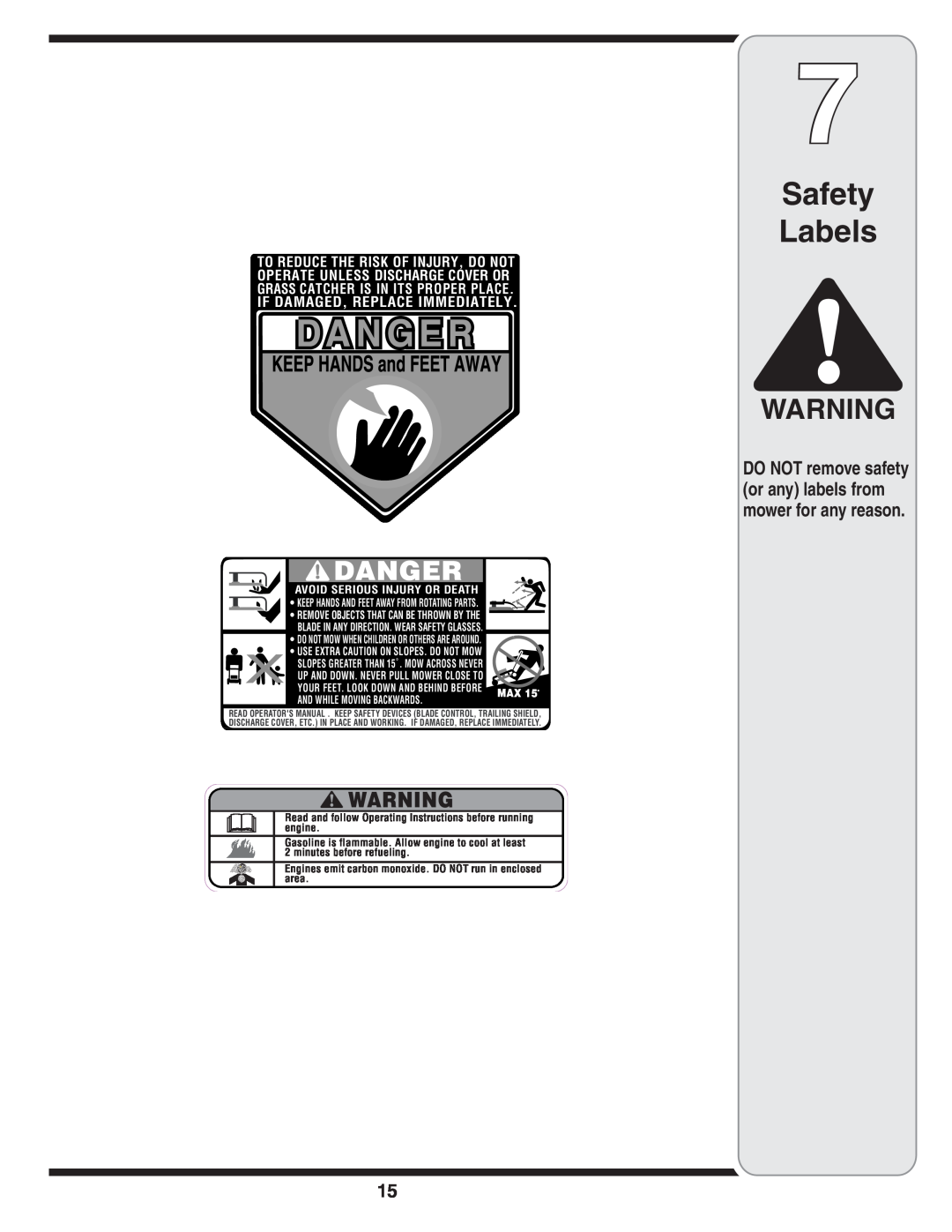 Cub Cadet 18M Safety Labels, DO NOT remove safety or any labels from mower for any reason, Avoid Serious Injury Or Death 