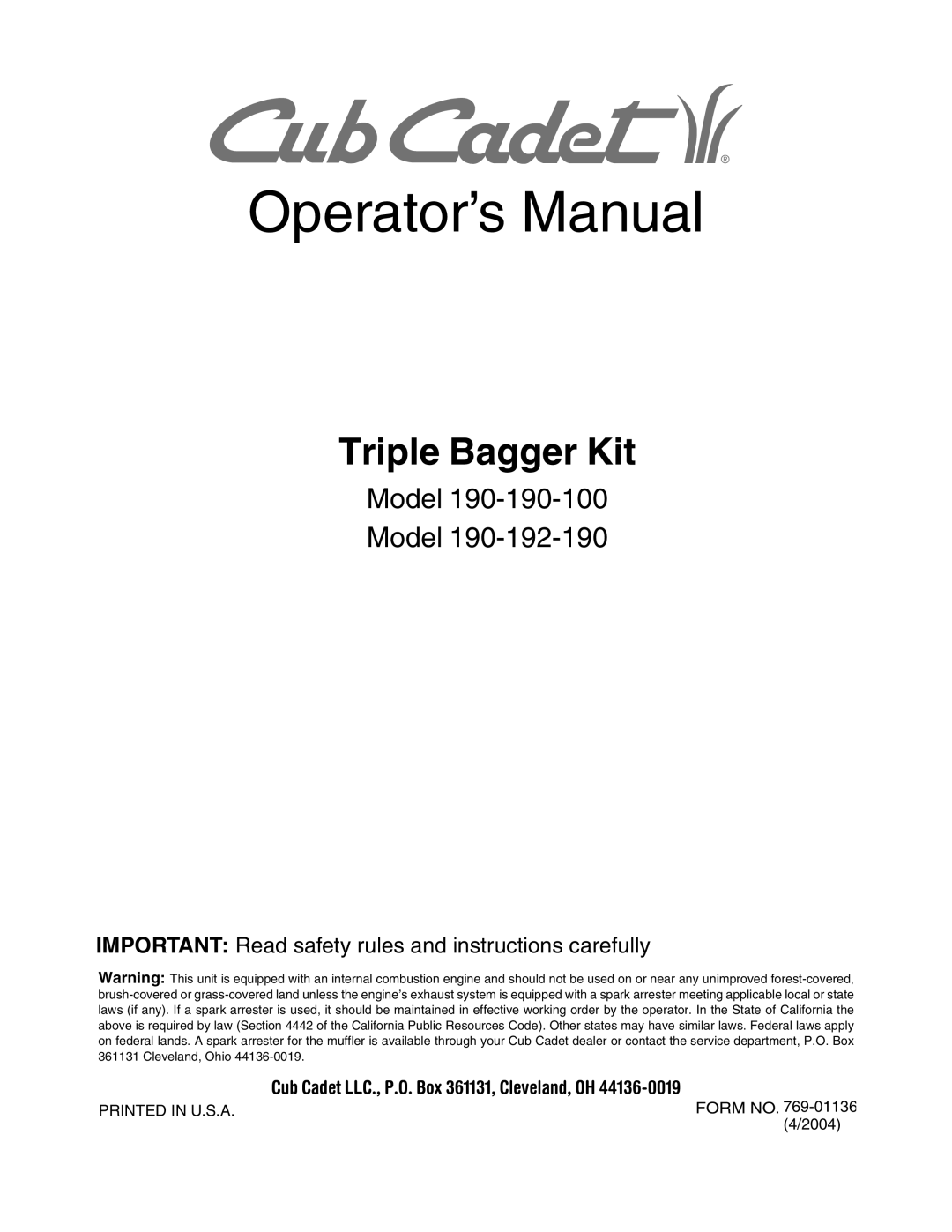 Cub Cadet 190-190-100, 190-192-190 manual Operator’s Manual 