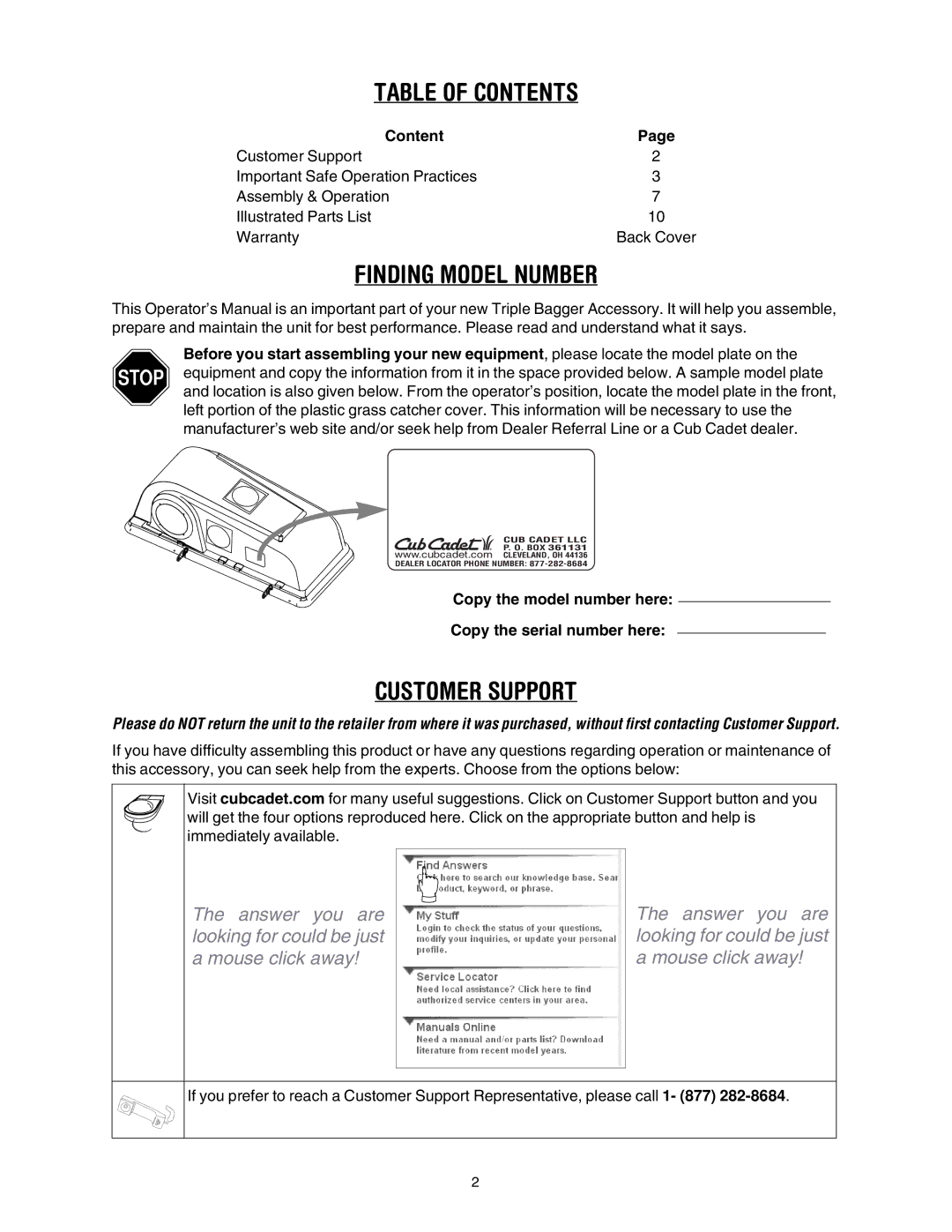 Cub Cadet 190-192-190, 190-190-100 manual Table of Contents 