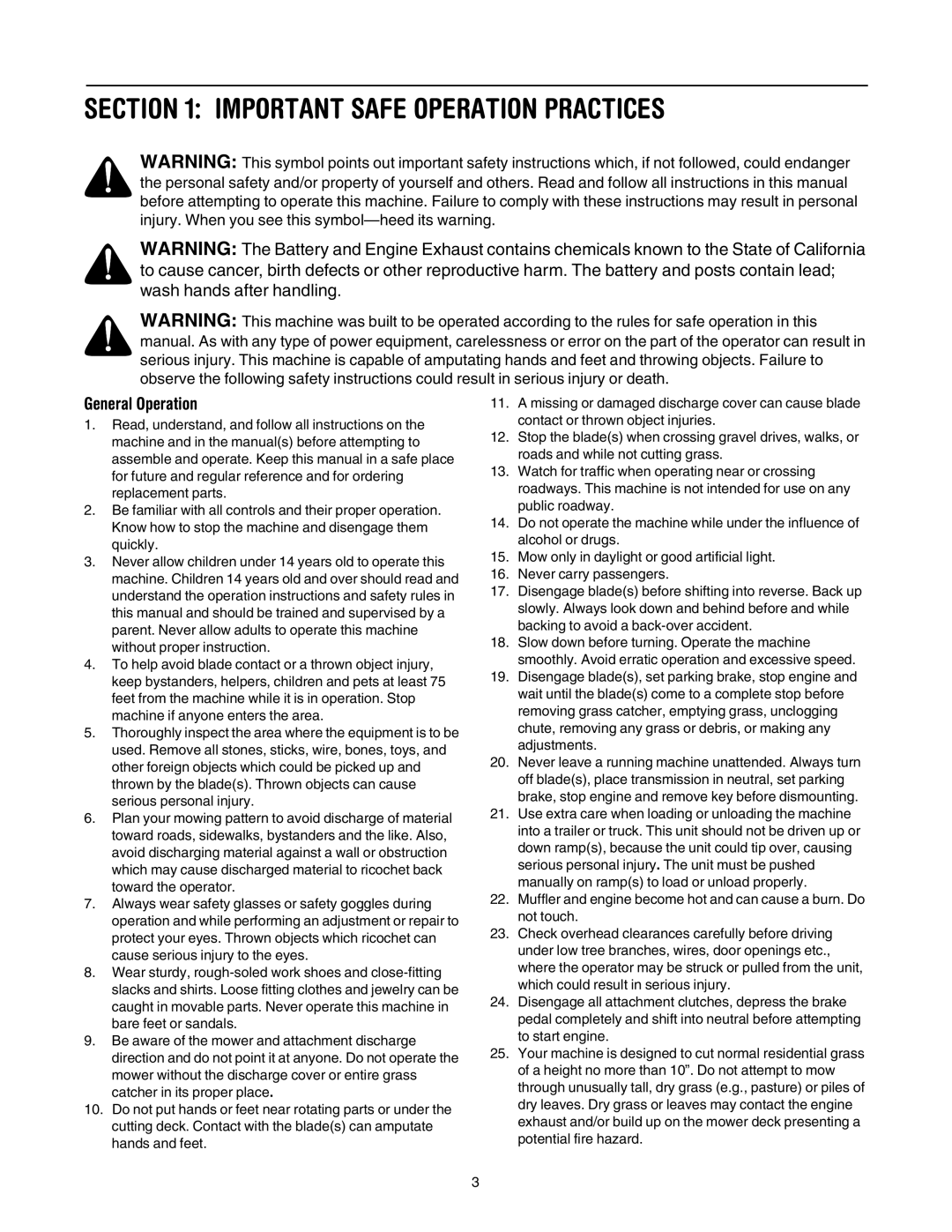 Cub Cadet 190-190-100, 190-192-190 manual Important Safe Operation Practices, General Operation 