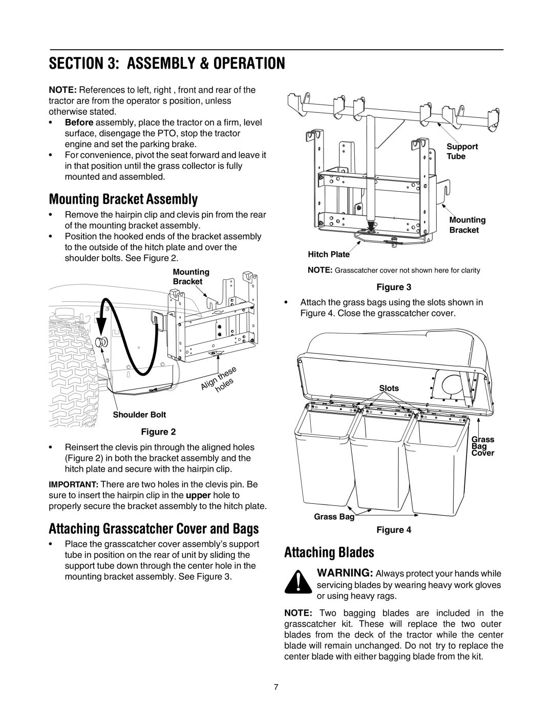 Cub Cadet 190-190-100, 190-192-190 manual Assembly & Operation, Mounting Bracket Assembly, Attaching Blades 