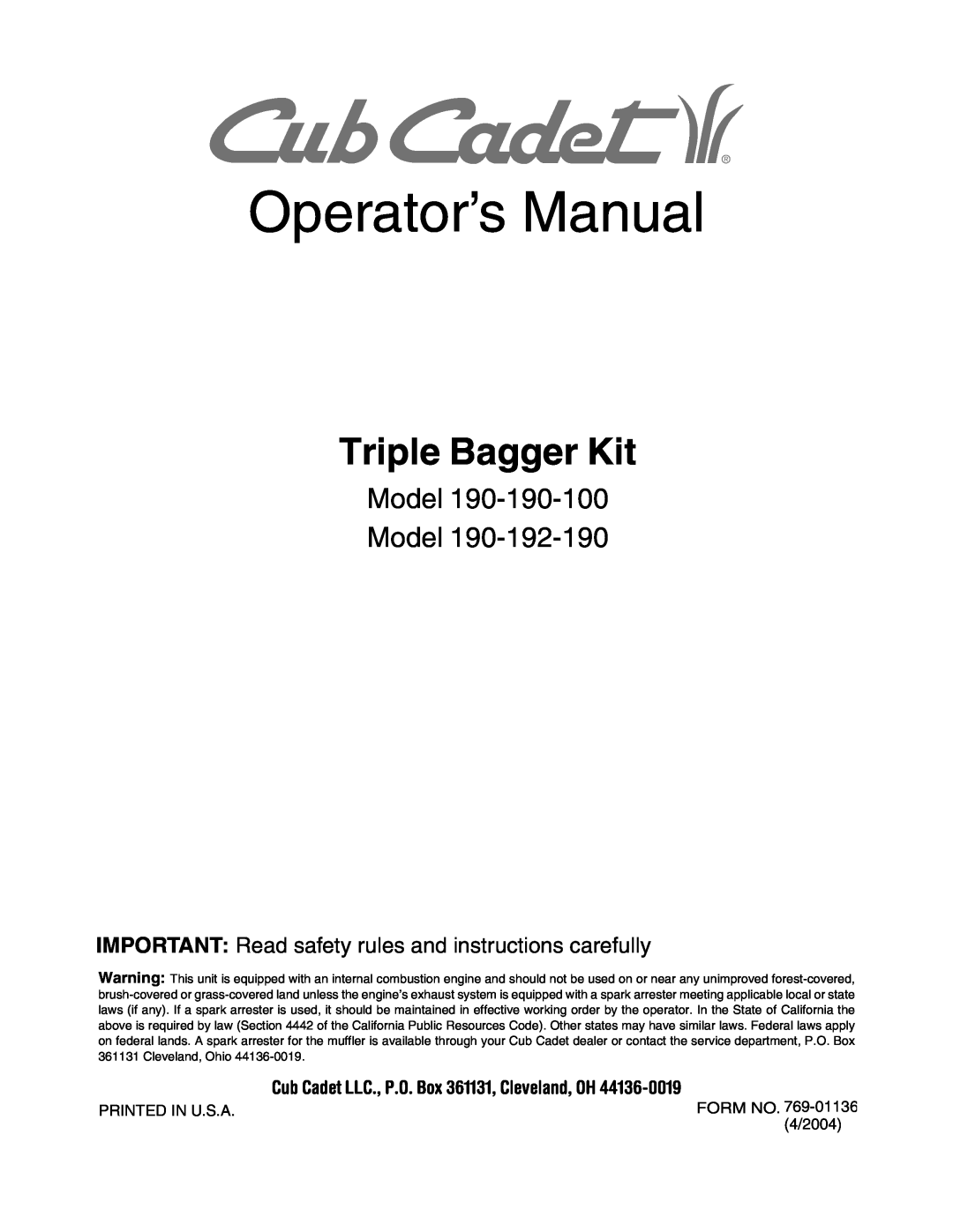 Cub Cadet 190-190-100, 190-192-190 manual Model Model, Operator’s Manual, Triple Bagger Kit 