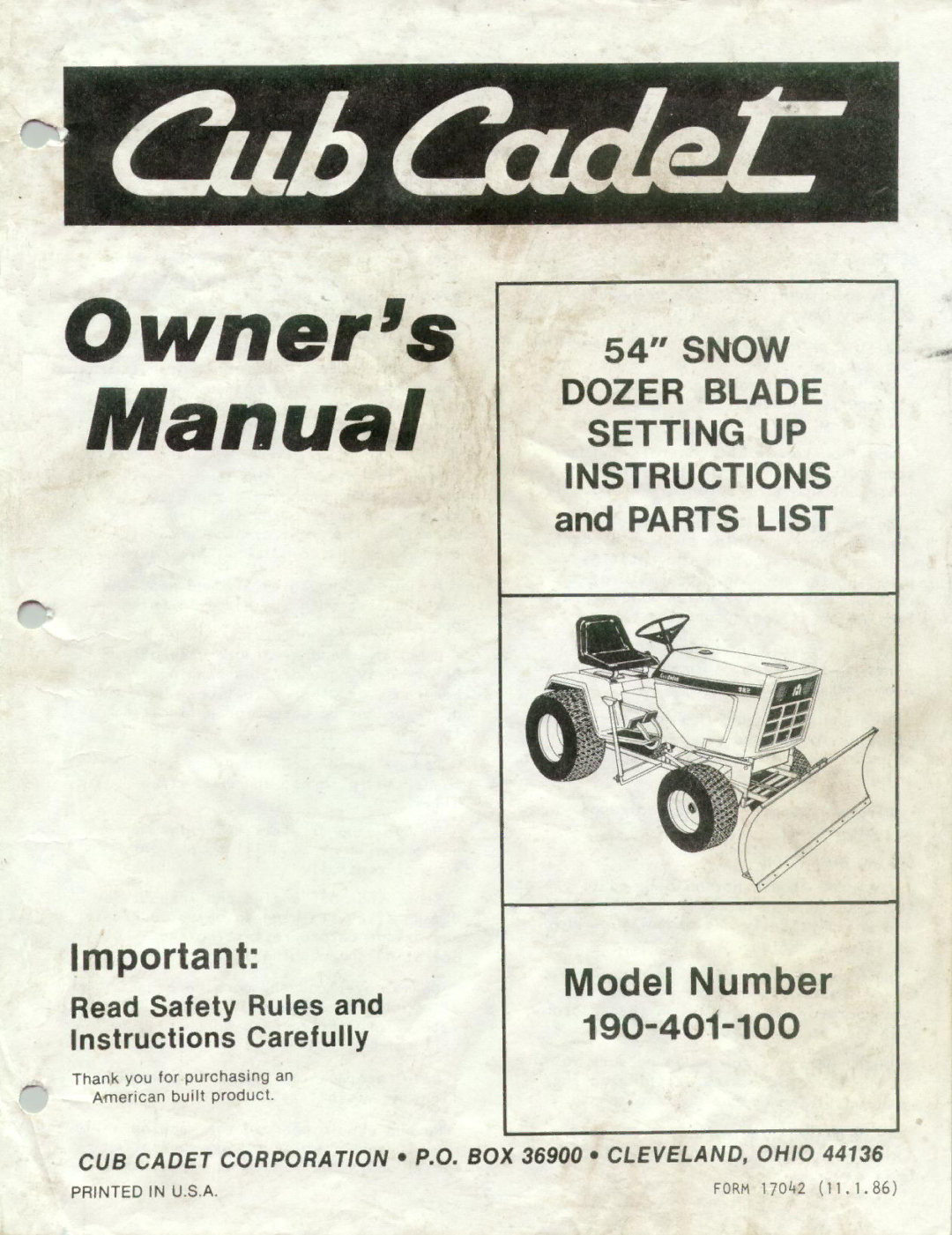 Cub Cadet 190-401-100 manual 