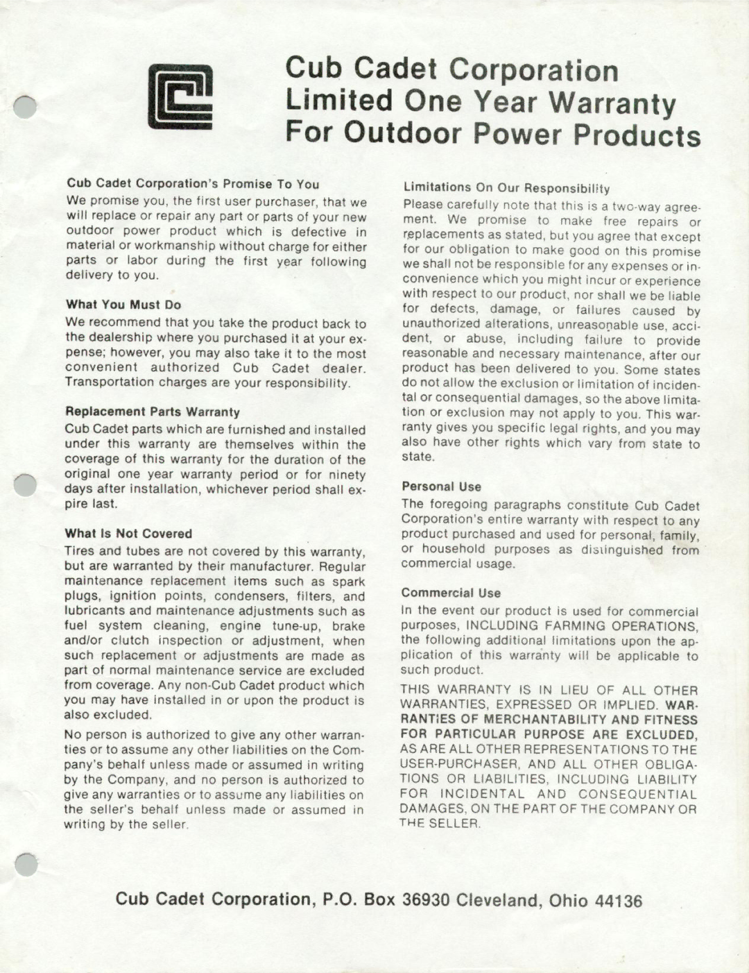 Cub Cadet 190-401-100 manual 