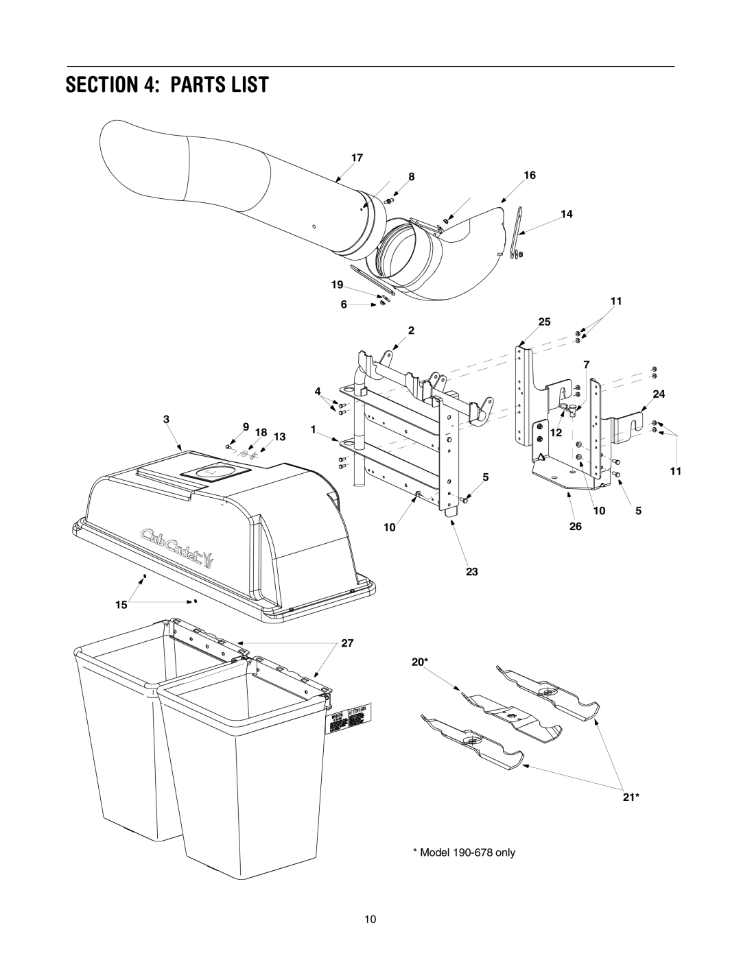 Cub Cadet 190-670-100, 190- 670-100, 190-678-100 manual Parts List 