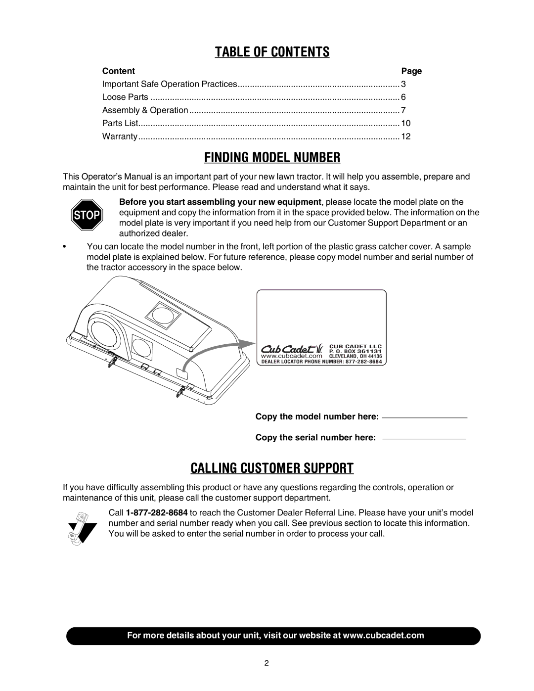 Cub Cadet 190- 670-100, 190-678-100, 190-670-100 manual Table of Contents 