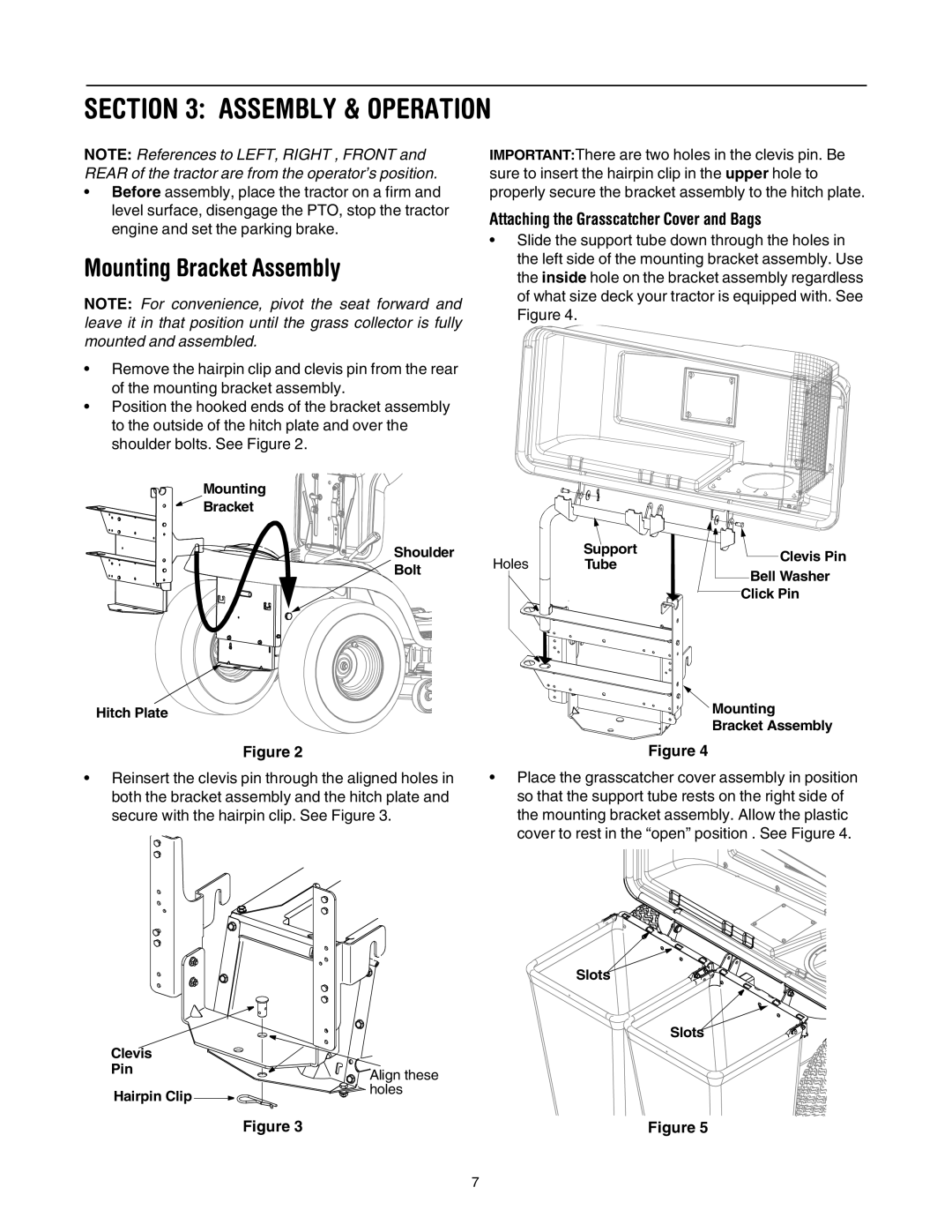 Cub Cadet 190-678-100 manual Assembly & Operation, Mounting Bracket Assembly, Attaching the Grasscatcher Cover and Bags 