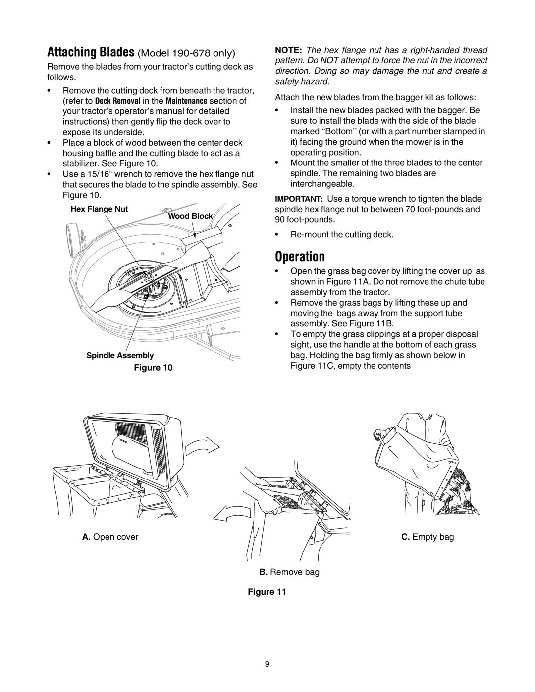 Cub Cadet 190-670-100, 190- 670-100, 190-678-100 manual Operation, Attaching Blades Model 190-678 only 