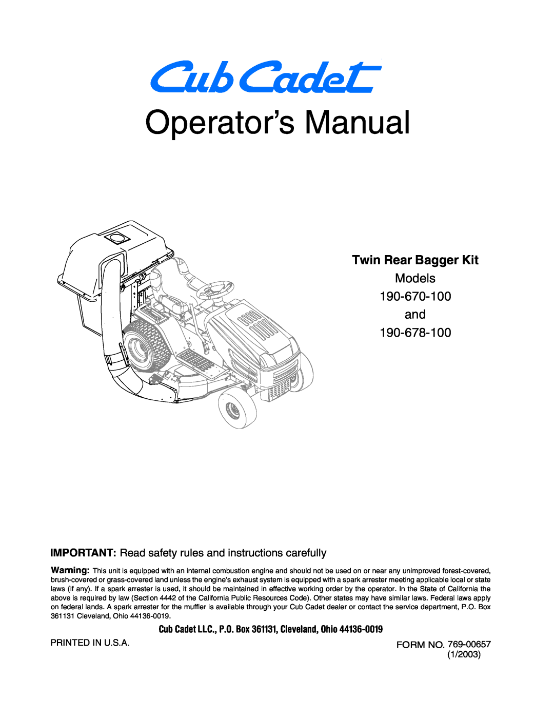 Cub Cadet 190-678-100, 190-670-100 manual IMPORTANT Read safety rules and instructions carefully, Operator’s Manual 