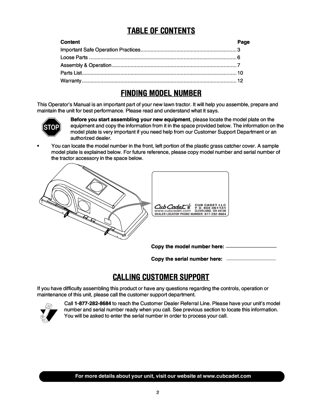Cub Cadet 190- 670-100, 190-678-100, 190-670-100 manual Table Of Contents, Finding Model Number, Calling Customer Support 